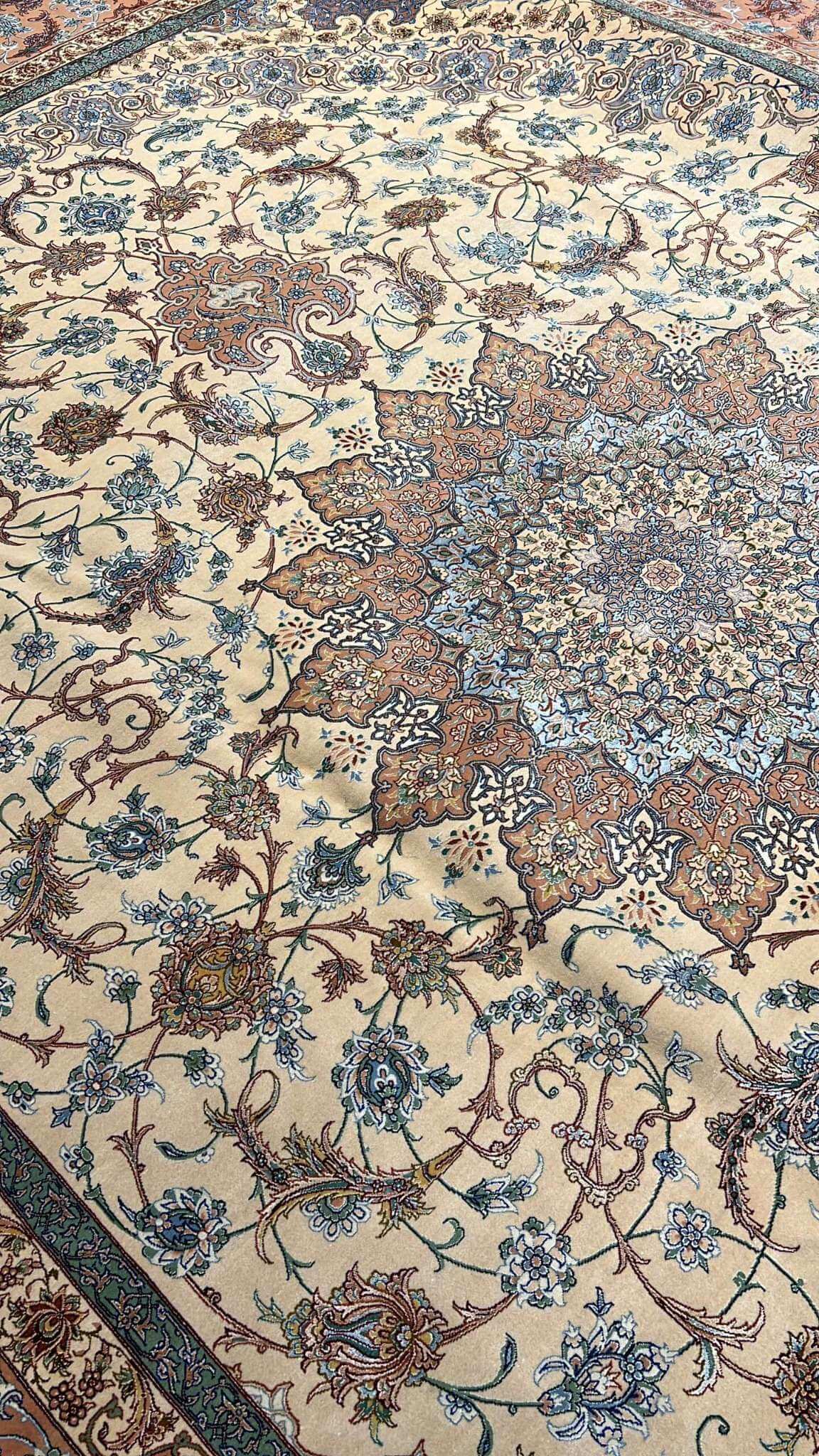 "Luxury wool and silk Isfahan Persian rug, masterfully crafted by Habib, featuring intricate blue, beige, and rust motifs."